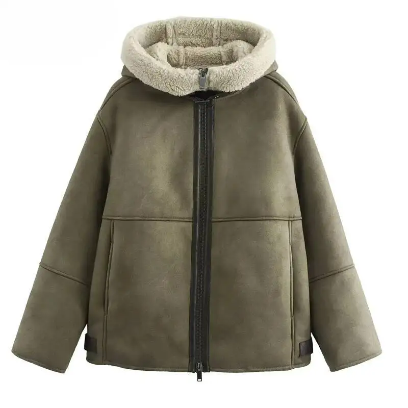 

Hood Winter Coat Female Parkas Long Sleeve Plush Suede Jacket Women Autumn Zipper Fleeced Coats For Woman Cold Outerwear