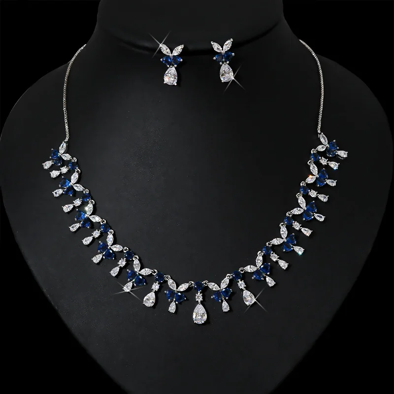 brand genuine Luxury real jewels French wedding banquet luxury droplets simple color zircon necklace two piece set pull neck cha