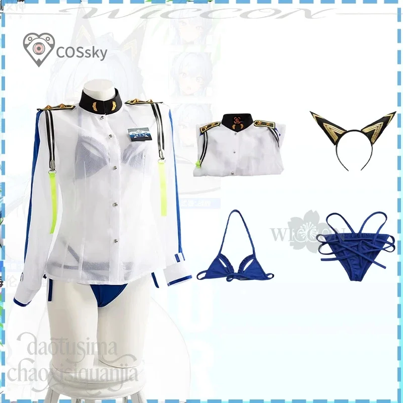 

Cosplay Helen Costume Aquamarine Sexy Bikini Long White See Through Shirt Christmas Women Beach Party Game Ni kke New Swimsuit