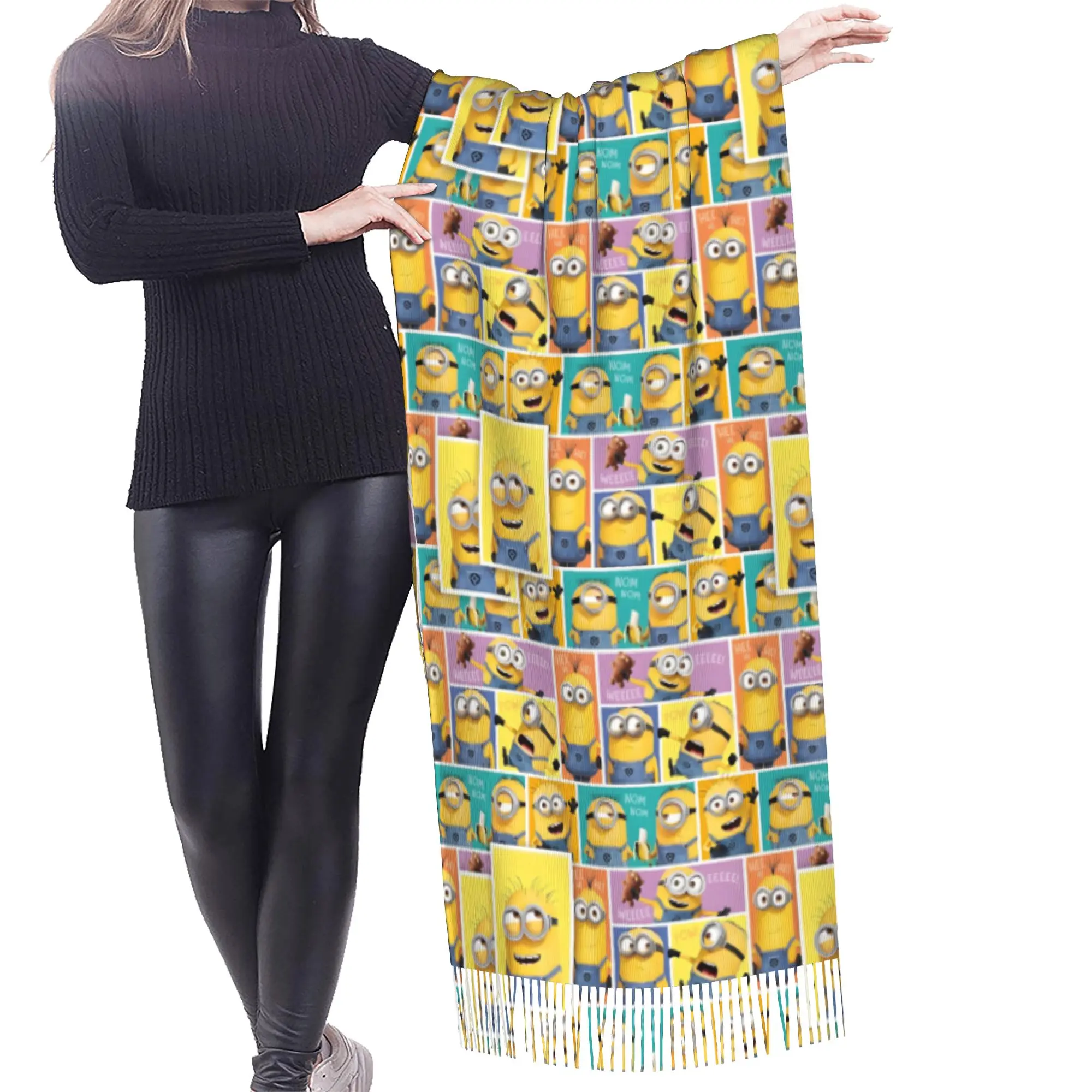 Custom Female Long M-Minioned Anime Scarves Women Winter Fall Soft Warm Tassel Shawl Wrap Manga Cartoon Scarf