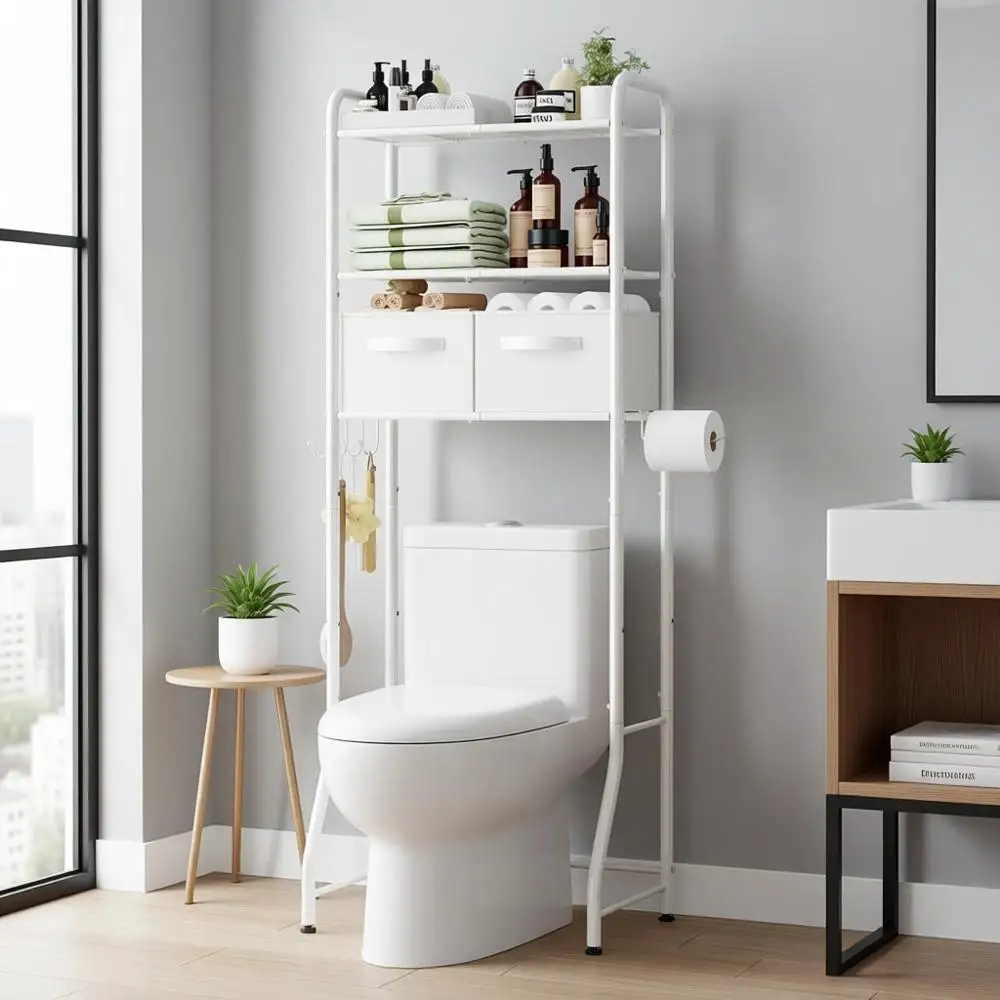 Estante de Almacenamiento Metálico de 3 Niveles para Baño con Portarrollos y Ganchos, Blanco