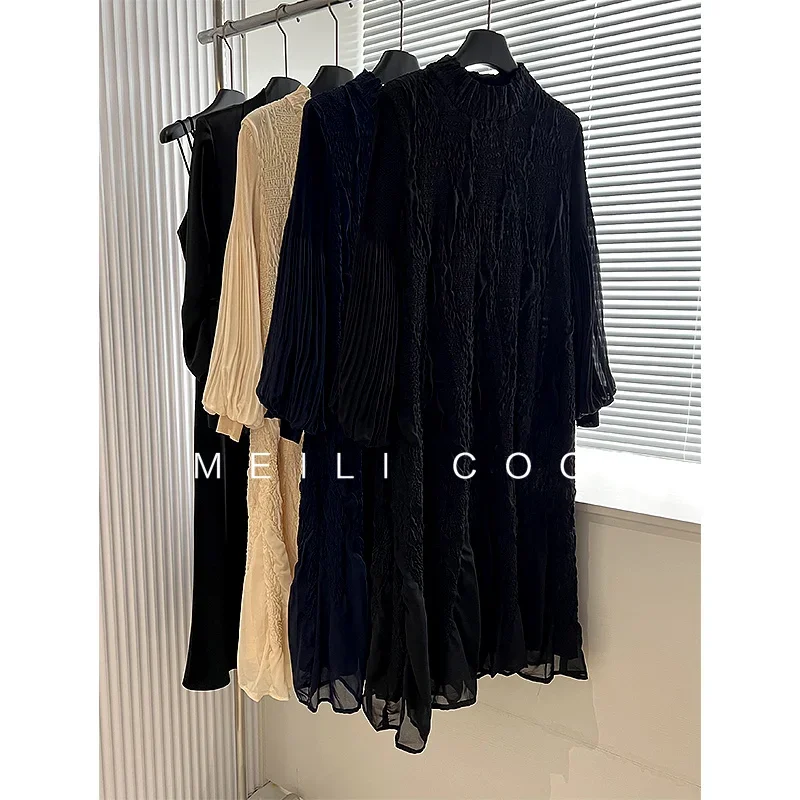 YUDX 2024 Autumn New Pleated Slim Solid Color Women\'s Dresses Fashion Design Long Sleeve Standing Collar Long Dresses