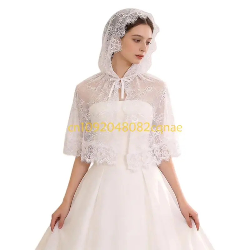 Bridal Veils Shawl Wrap for Bride White Sheer Lace Shoulder Cover Hooded Bowknot Wedding Shawl for Photoshoots