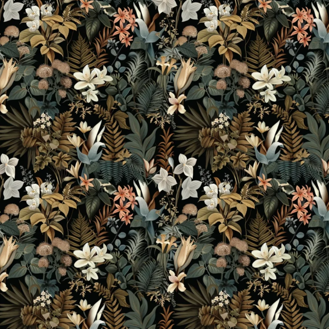 Custom sized mural with tropical plants and floral wallpaper covering the entire house, tiled with flowers on the walls mural