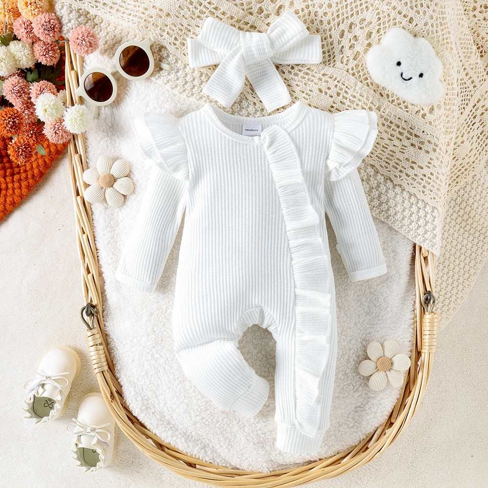 Newborn Photo Props Ribbed Knit Romper with Ruffle Front and Bow Headband Baby Girl Photography Outfit