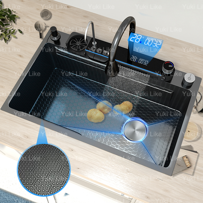  Honeycomb Embossed Stainless Steel Kitchen Sink With Waterfall Digital Display Washbasin Multifunctional large single slot 