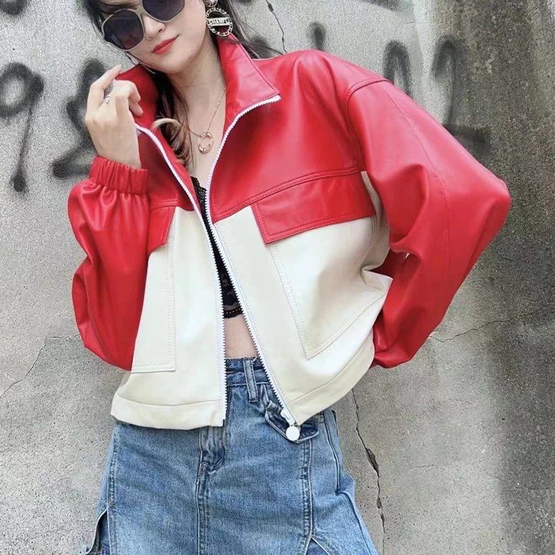 Red and White Double Color Baseball Jacket for Women Autumn New Edition Alive Genuine Leather Sheepskin Short Coat Outerwears