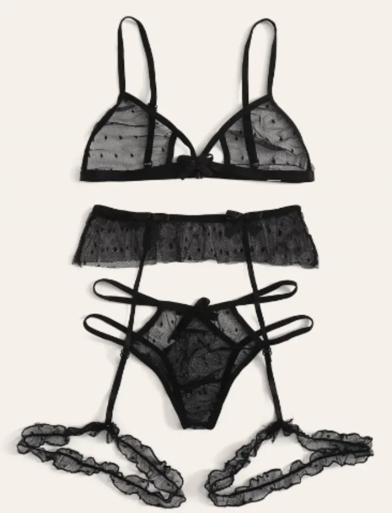 Sexy Bra Set Transparent See Through Bra and Panty Set with Garter Perspective Mesh Lace Lingerie Set Ladies Underwear Set - Image 3