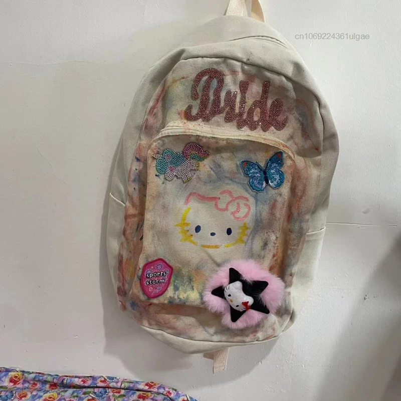 Sanrio Hello Kitty nowe torby Vintage kreatywne mody plecaki Y2k dziewczyna słodka podwójna torba na ramię kobiety malowane plecak kreskówka