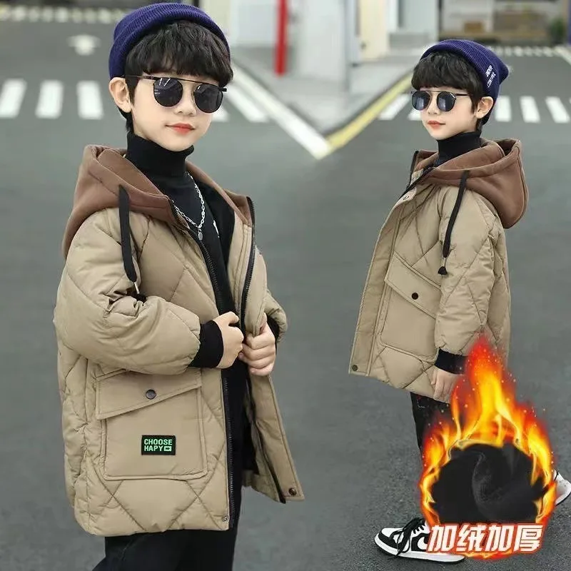 

Sheepskin boys' winter clothes with plush cotton jacket, trendy mid to large boys' mid to long styles, thick down cotton jacket,