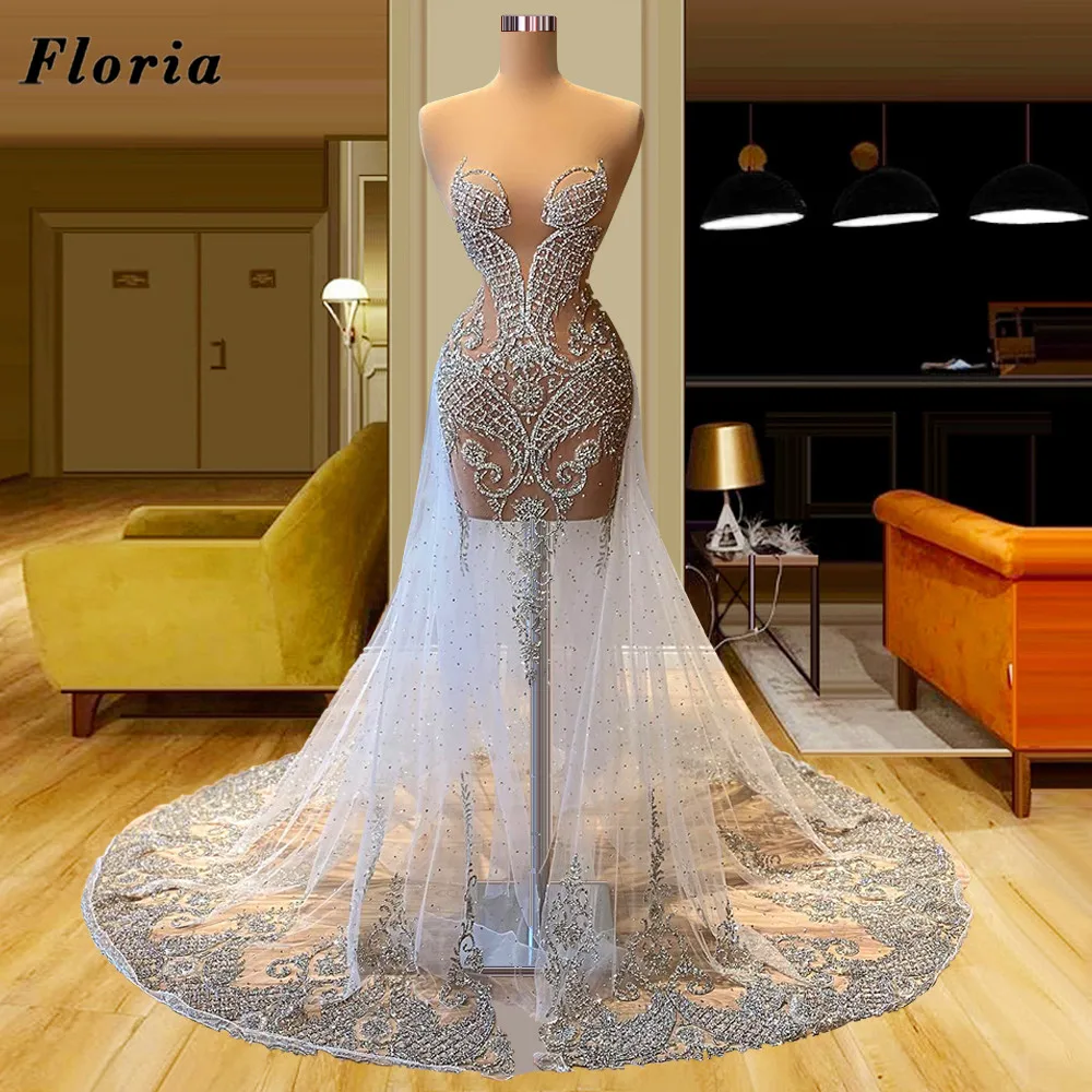 

Floria Illusion Beaded Evening Dresses 2022 Dubai Formal Long Party Gowns For Weddings Vestidos Rhinestone Celebrity Prom Dress