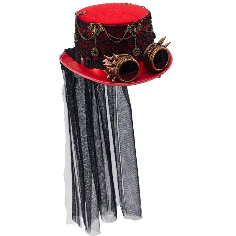 Punk Goggle Hat Red Black Lace Gears Chain Jazz Hats Lolita Retro Top Hat With Veil Halloween Party Carnival Fedora