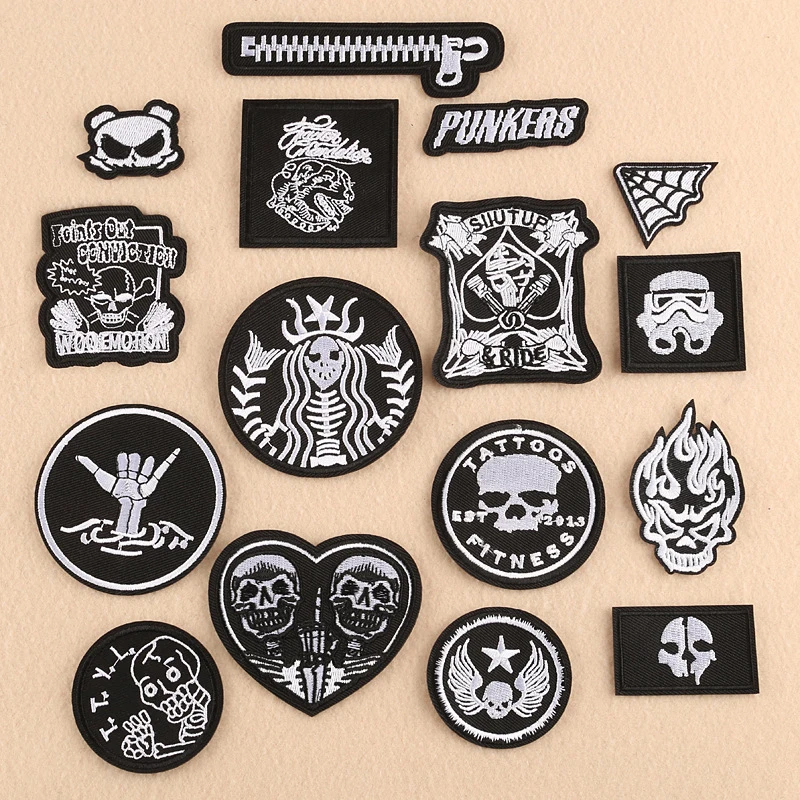 Black White Embroidered Skull Punk Badges Cool Patch on clothes Badge Backpack Embroidery Clothing Stickers iron on