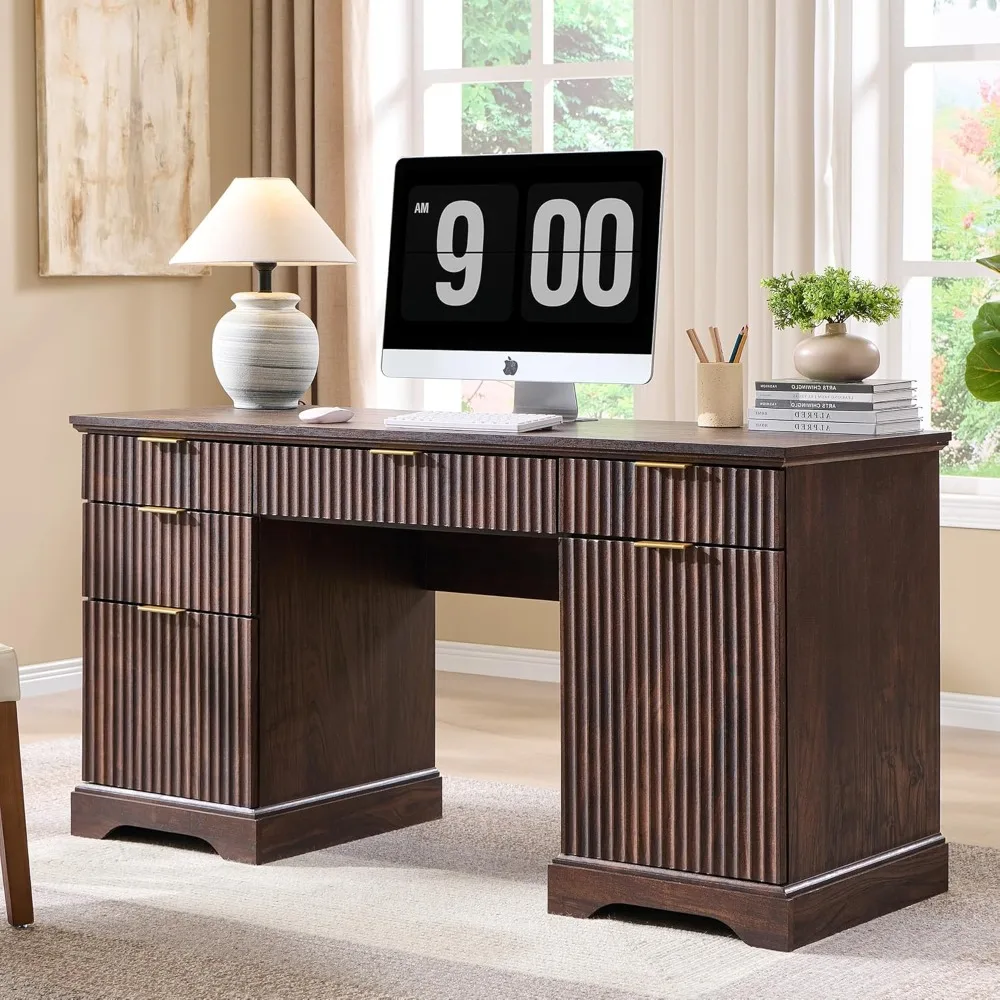 

58" Modern Executive Desk with Storage, Wood Home Office Desk with 5 Drawers & 1 Cabinet, Fluted Computer Writing, Customized