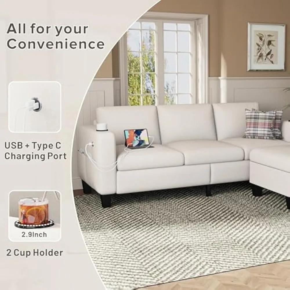 Convertible Sectional Sofa Couch, USB+Type C Ports and 2 Cup Holders & Movable Ottoman, 3-Seat L-Shaped Couch for Living Room