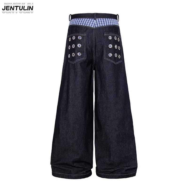 American High Street Metal Eyeliner Plaid Splicing Wide Leg Jeans For Men With Multiple Breasted Hollow Denim Pants