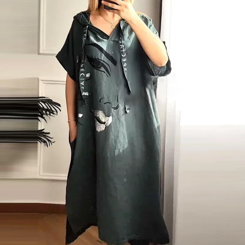 Women Retro Abstract Face Print Hooded Dress Spring V Neck Pocket Party Long Dress Summer Short Sleeve Loose Slit A-Line Dresses