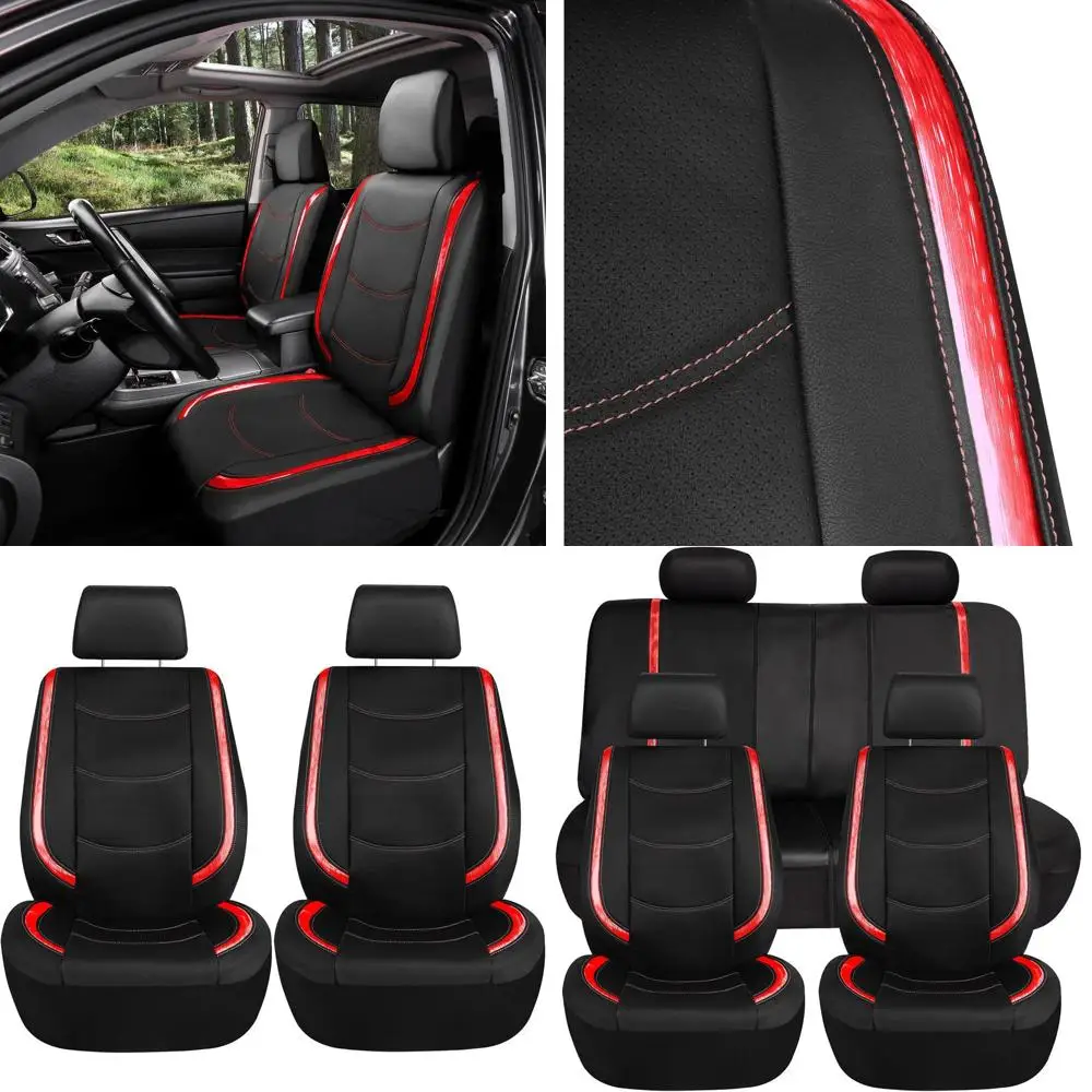

Automotive Red Car Seat Covers Galaxy13 Metallic Striped Deluxe Leatherette Seat Covers Built-in Pockets Anti-Slip Protection Un
