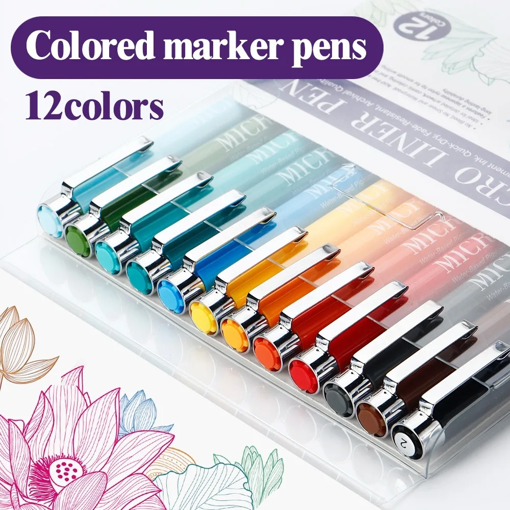 12 Colors Micro Liner Pen Needle Tip Quick‑Dry Fade‑Resistant No Bleed Colored Technical Drawing Pens for Sketching Journaling Anime Outline Comic Illustration Art Markers Stationery Supplies