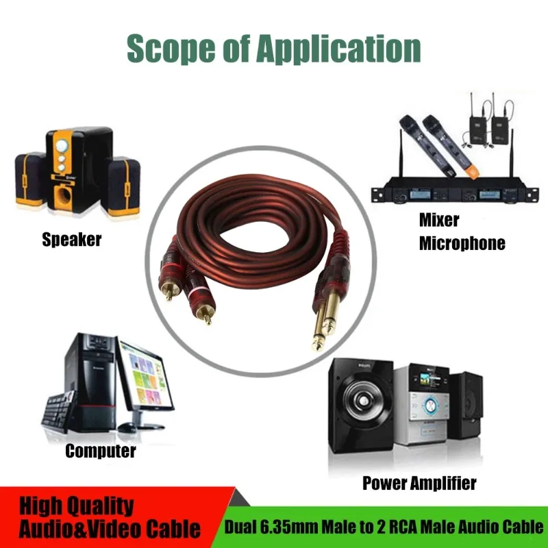 مطلية بالذهب عالية الدرع المزدوج 6.35 مللي متر إلى كابل الصوت RCA المزدوج 6.5 مللي متر إلى المزدوج RCA خلاط 1.5 متر كابل الصوت للكمبيوتر DVD TV VCR MP3 #4