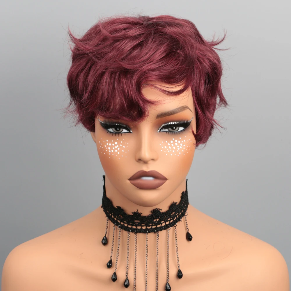 99J Burgundy Short Pixie Cut Wig Human Hair Brazilian 100% Human Hair Glueless Pixie Wig With Bangs For Women Full Machine Wigs