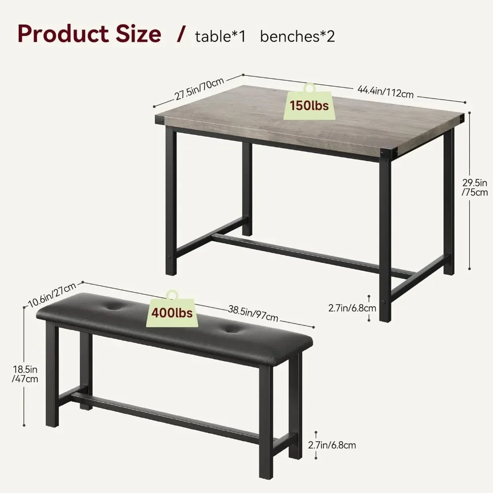 Conjunto de mesa de jantar para 4, mesa de cozinha com bancos, conjunto de mesa de jantar retangular com 2 bancos estofados, 3 peças