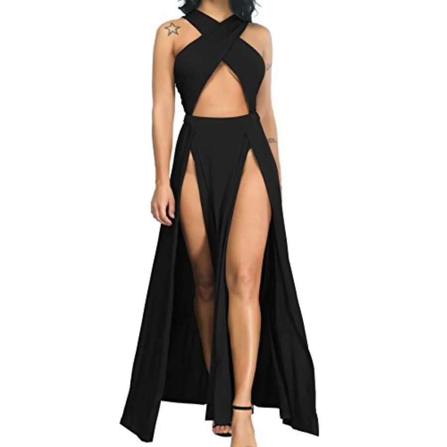

Velius Women Sexy Hollow Out Halter Wrap Sleeveless Plain Pleated Slit Casual Long Maxi Dress