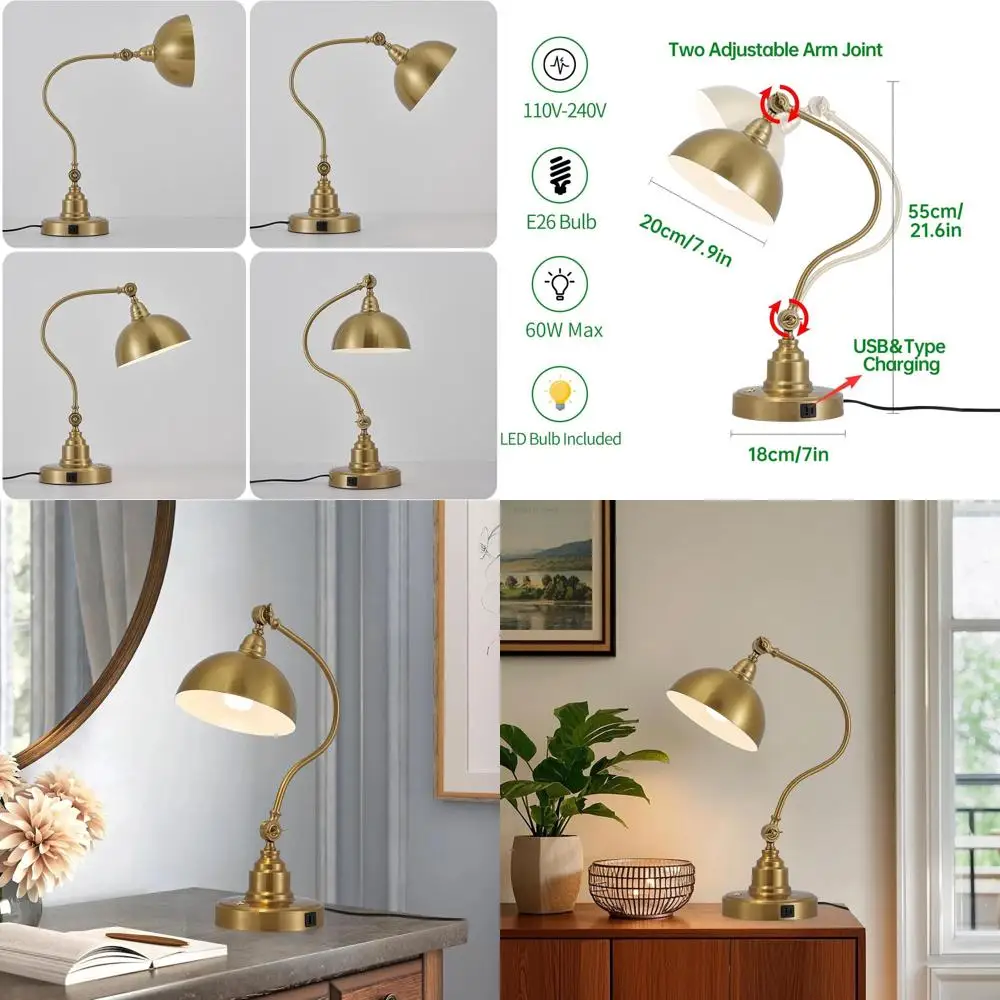 

Винтажная настольная лампа в индустриальном стиле из латуни под золото с LED-лампой E26 для дома, офиса, гостиной, спальни, кабинета