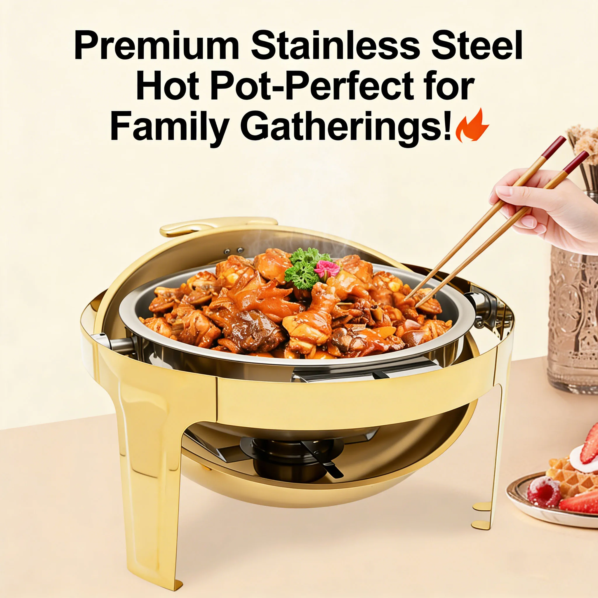 

Chafing Dish, Round Gold Plated Buffet Food Warmer with Glass Lid, Single Compartment Commercial Catering Chafing Dish for Party