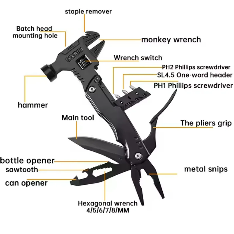 Outdoor multifunctional pliers, hammer, adjustable wrench combination, universal folding pliers EDC tool
