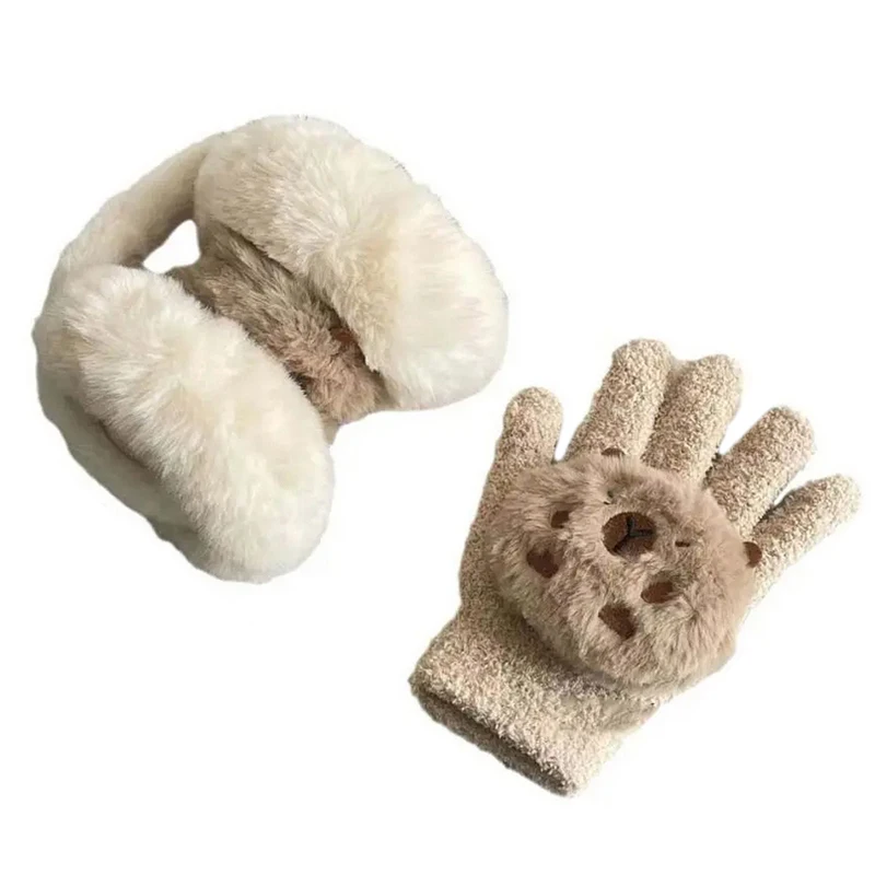 ใหม่ Capybara Faux กระต่ายผมฤดูหนาวรวมทุกอย่าง Muffs หู Anti-freeze Plush Earmuffs Full Finger ถุงมือ