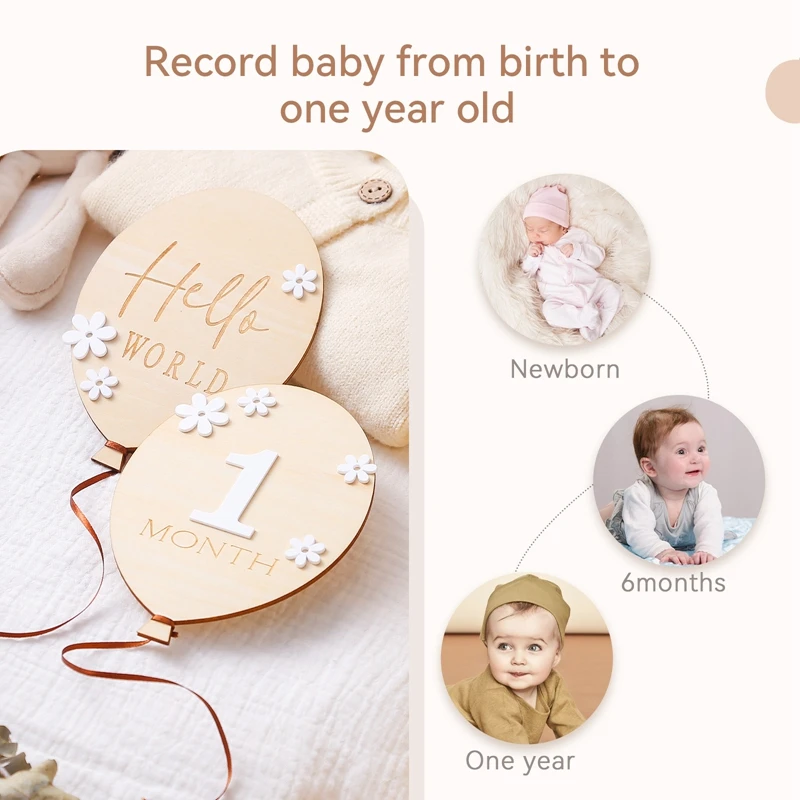 2Pcs Baby Wooden Balloon Milestone Cards Photography Accessories Baby Photography Shooting Props For Newborn Birthing Gifts