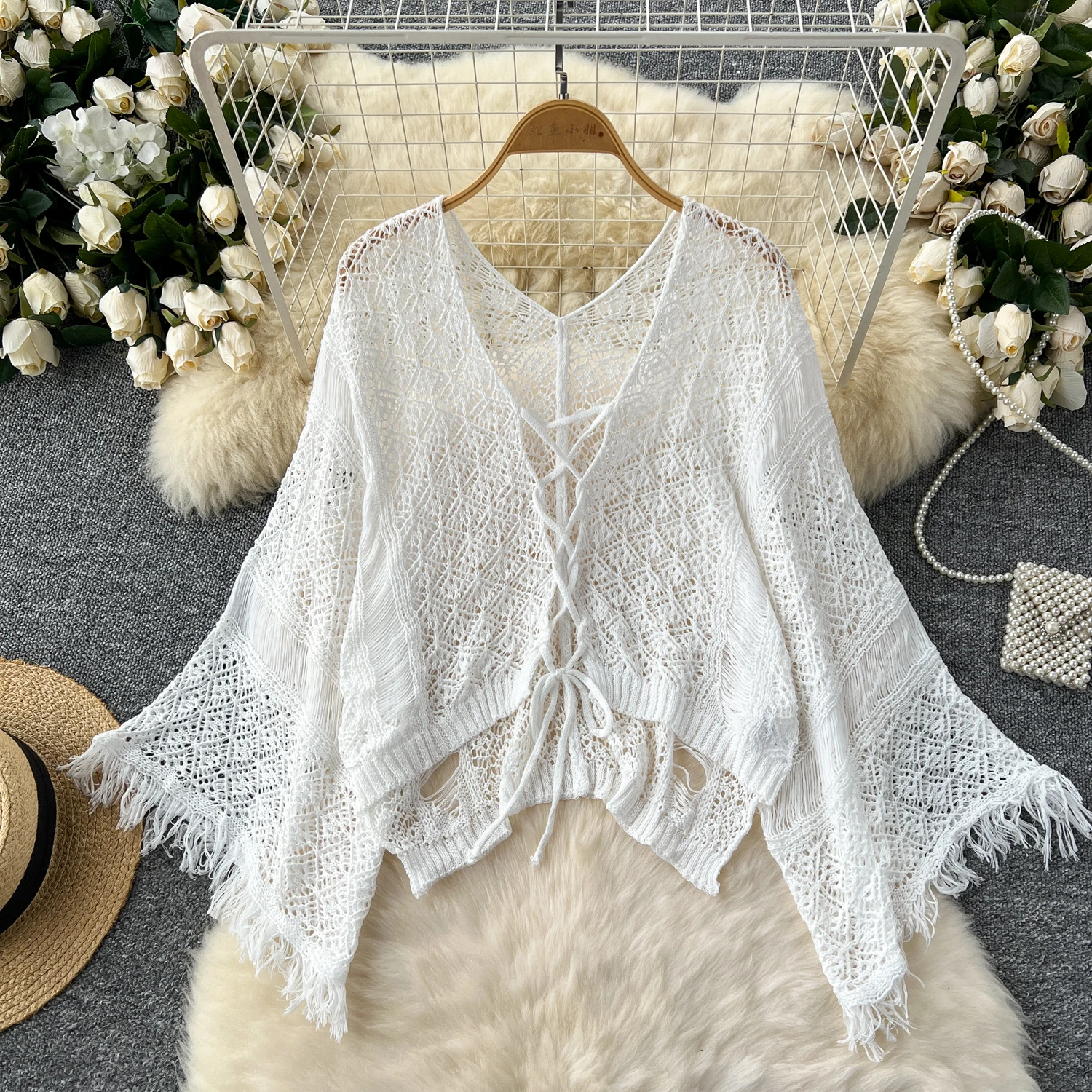 2025 herbst Am Meer Urlaub Strand Cover-up frauen Böhmischen Hohl Trompete Hülse Oberbekleidung Gestrickte Sonnenschutz Shirt Top