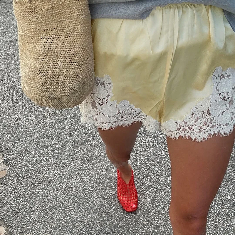 토르노바 레이스 플로럴 와이드 레그 반바지 여성용 2025 가을 신상 하이웨이스트 반바지 새틴 스플라이스 여성 캐주얼 출퇴근용