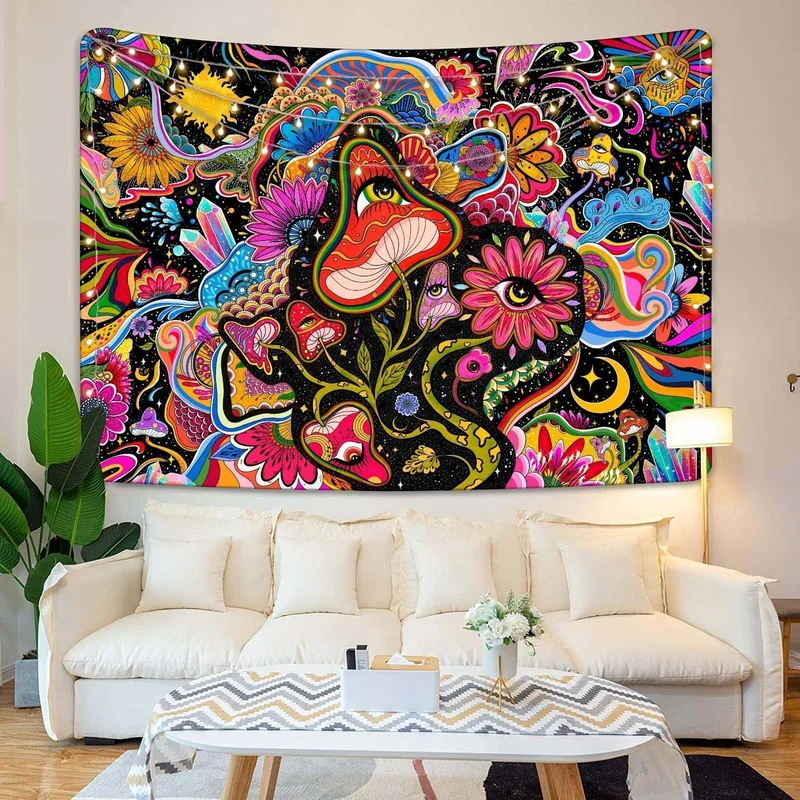 VIKAMA Psychedelic Mushroom Tapestry Colorful Trippy Face Eyes Flowers Crystals Black Background Wall Hanging Wall Art Decor