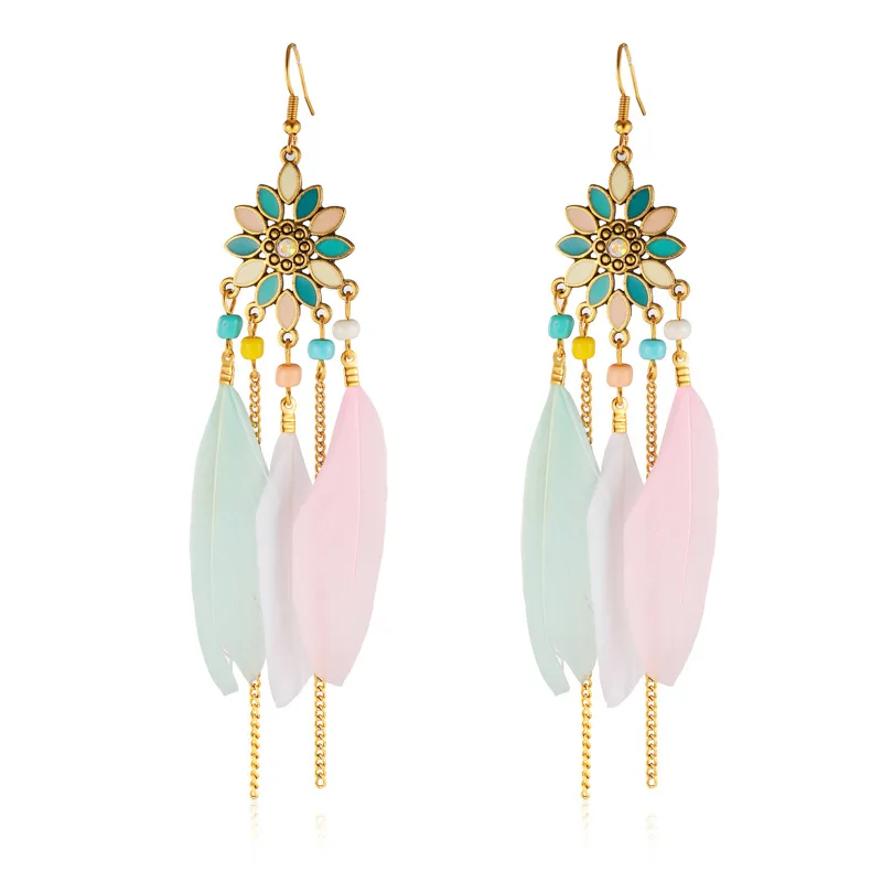 Böhmischen Lange Sonne Blume Feder Ohrringe für Frauen Trendy Ethnische Retro Gold Farbe Kette Quaste Ohrring Hochzeit Urlaub Schmuck – Detail 11