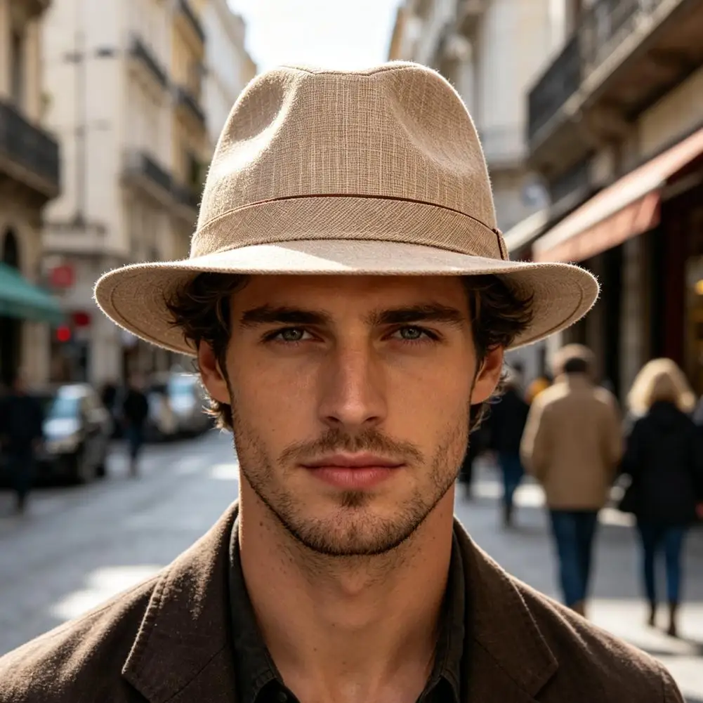 Summer Men Sun Hats Panama Caps Polyester Splicing Mesh 56-60cm Small Brim Jazz Style Outdoor Beach Sunshade Fedoras
