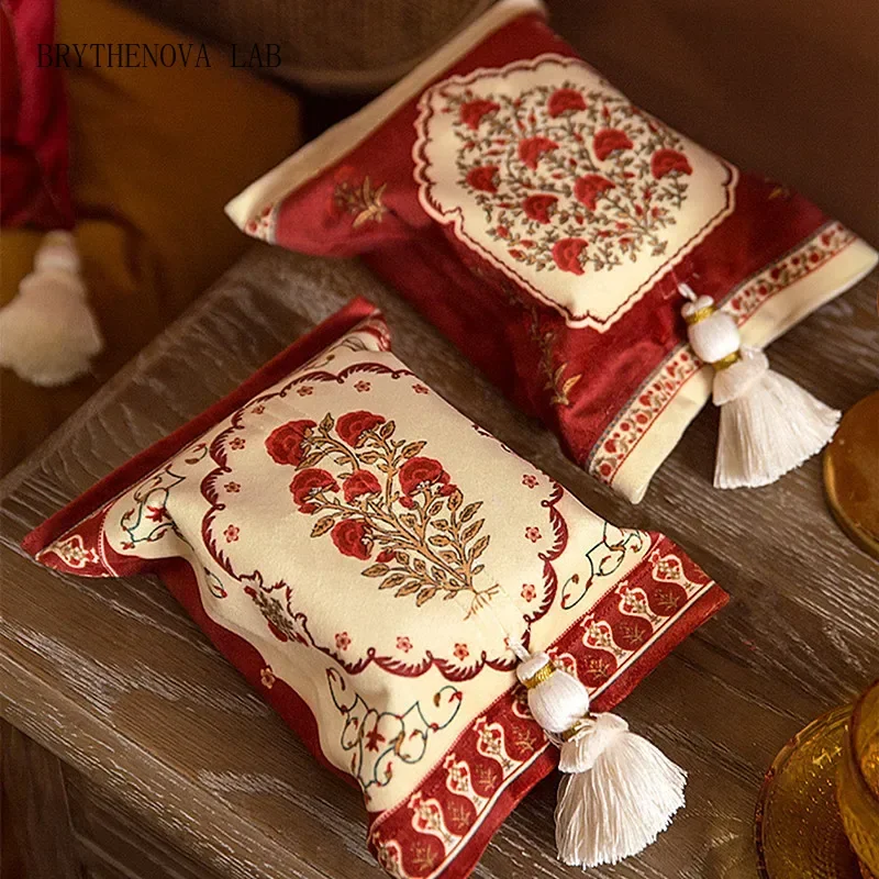 Red Printing and Dyeing Short Plush American Paper Box Creative Tassel Cotton Fabric Tissue Storage Box