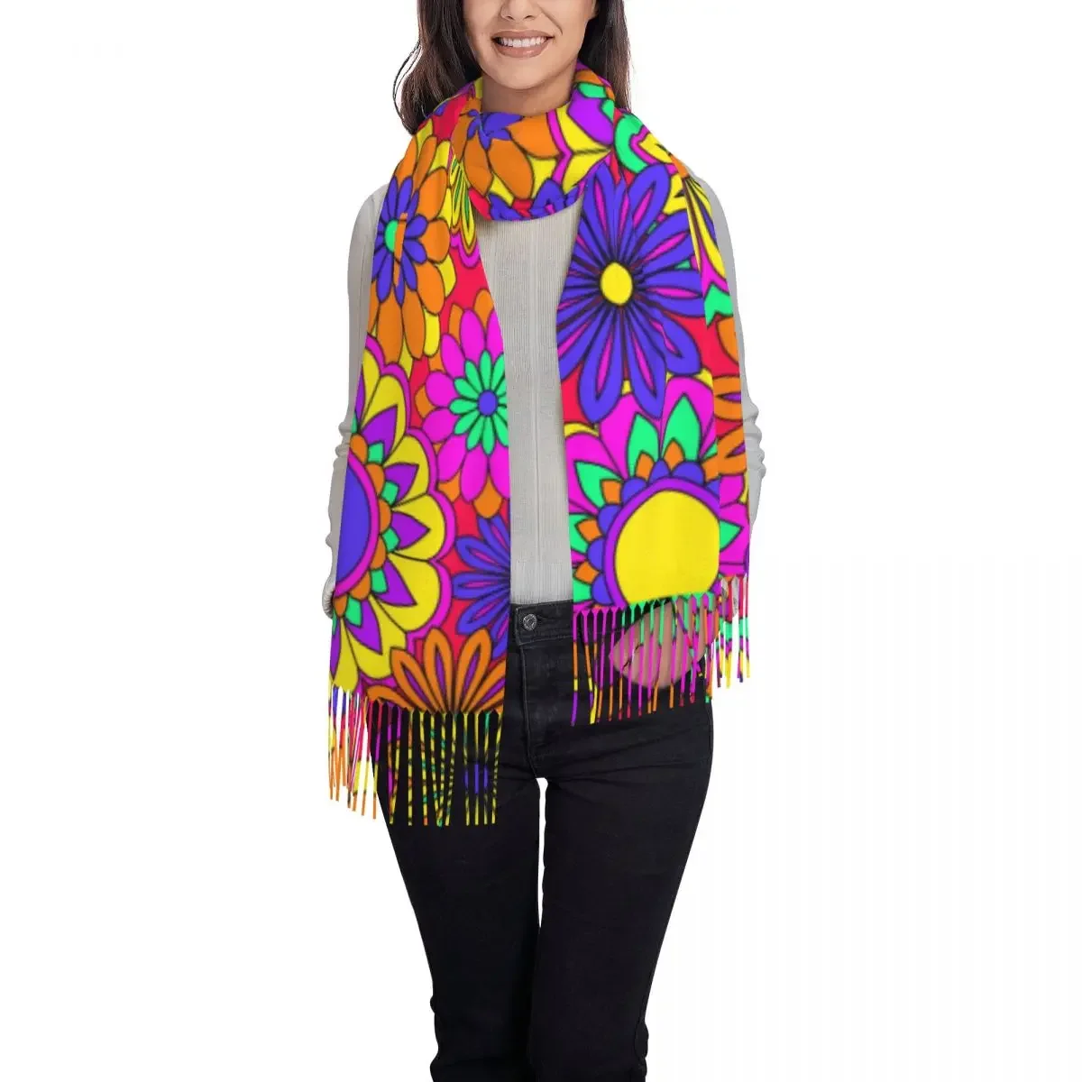 Psychedelic Print Scarf Groovy Flower Power Outdoor Shawls and Wraps with Long Tassel Female Large Scarves Winter Custom Bufanda