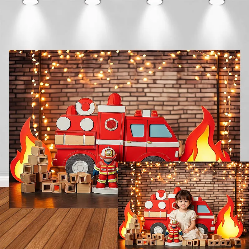 

LS Photography Background Fire Truck Firefighter Decor Birthday Baby Shower Cake Smash Adult Kids Portrait Photo Backdrop Studio