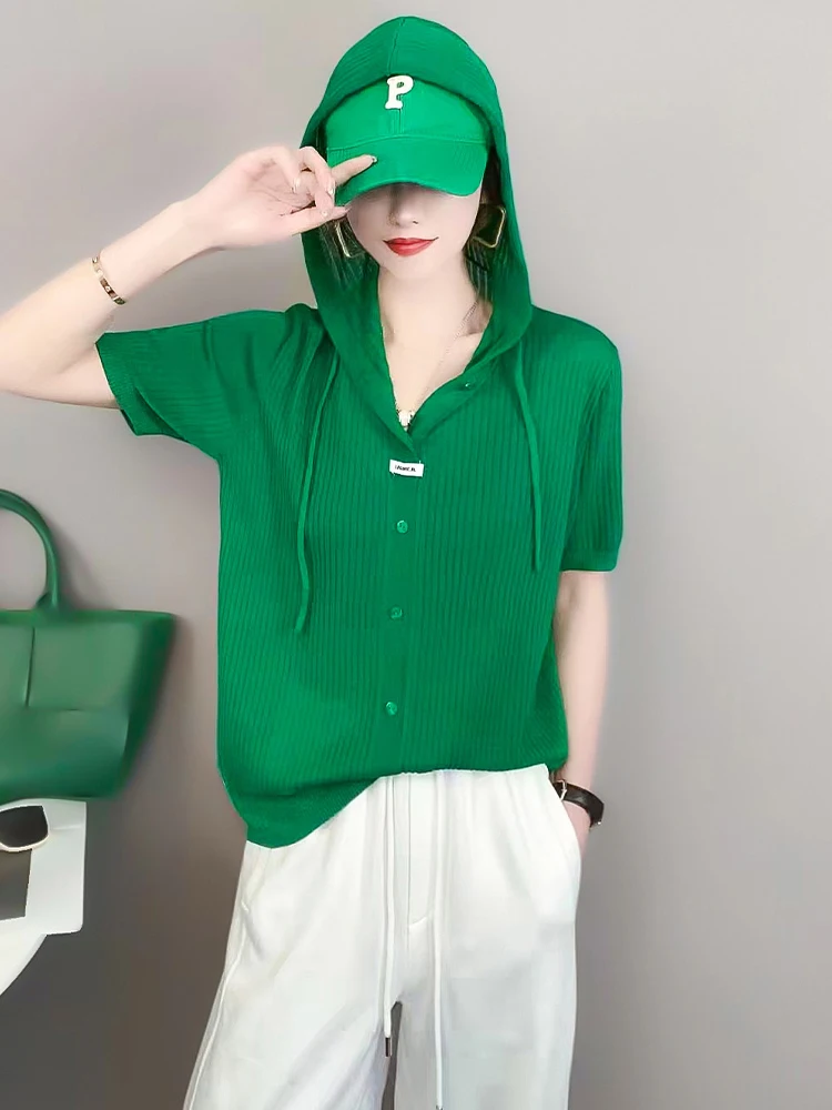 

Ele Ice Silk Вязаный открытый кардиган свободного покроя ort Sve Летняя тонкая повседневная универсальная шапка с капюшоном и поясом Женская мода ...