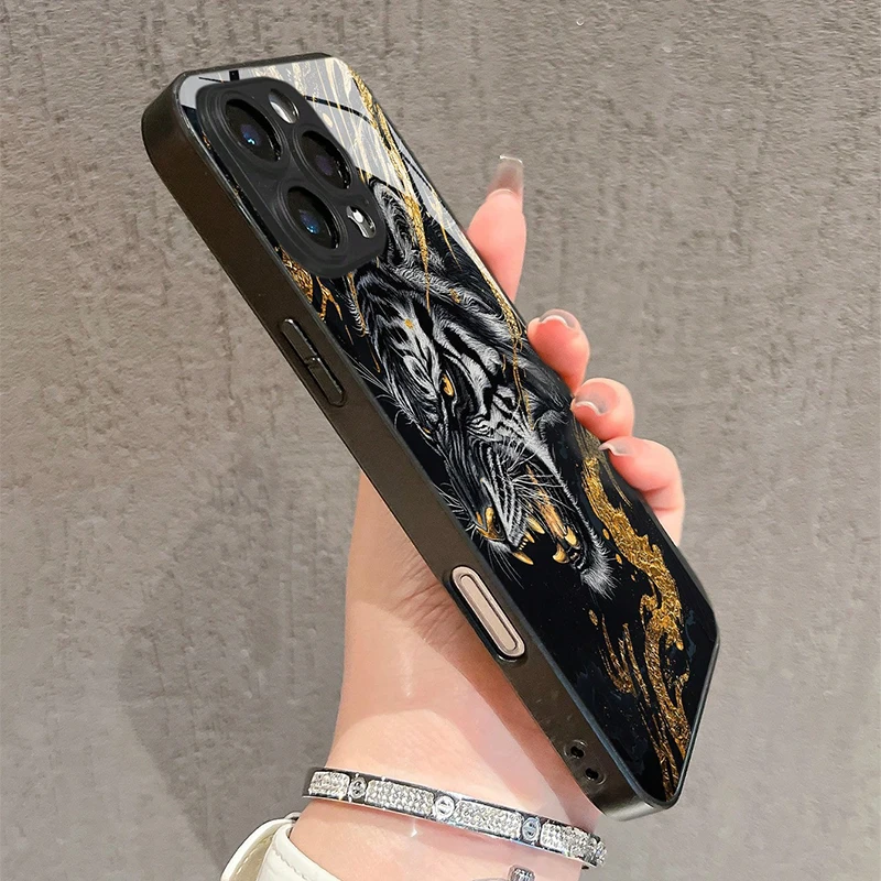 Fashion Golden Tiger Pattern Tempered Glass Phone Case For iPhone 17 16 15 Pro Max 14 13 12 11 17Air 16E 7 8 Plus XR XS X Cover