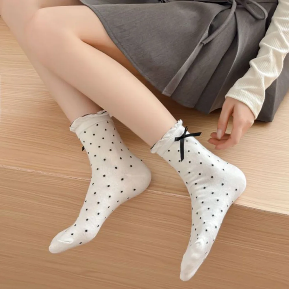 Kawaii Dot Home Office Lolita Socks Women Fashion Bow Long Socks Cute Sweet Autumn Winter Streetwear Femme Sokken Middle Tube