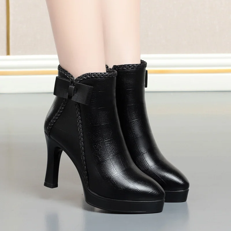 CINESSD White Black High Heel Ankle Boots Women 2023 Pointed Toe Keep Warm Elegant Short Booties Ladies Ankle Buckle Decoration