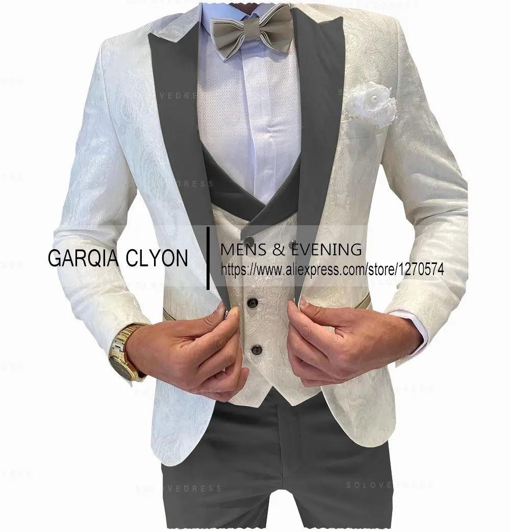 

Designed Blazer Men Suit 3-Piece Vest Pants Decoration Jacket Wedding Banquet Italian Party Slim Fit Homme Jacquard Weave