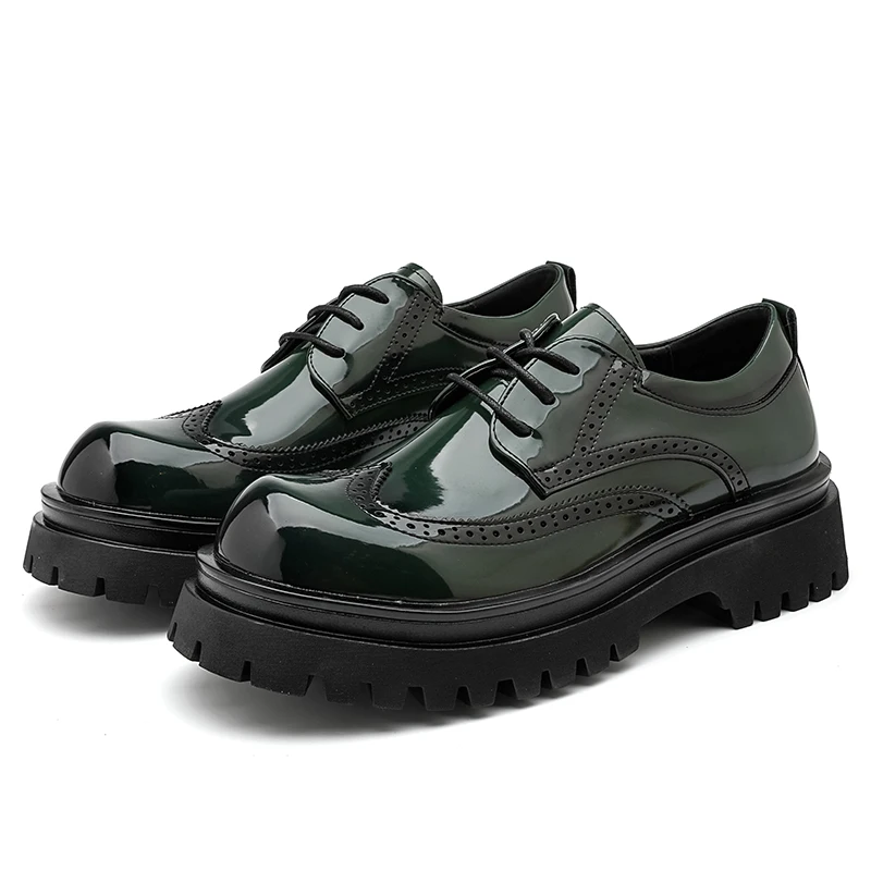 

New Business Leather Men Shoes with Green & Black Thick Bottom Loafers Comfortable Stylish Casual Round Toe Lace-Up Shoes