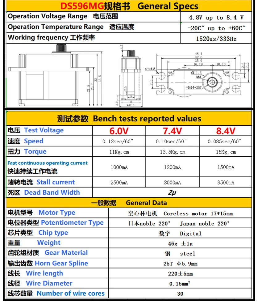 DS596MG – servomoteur numérique sans noyau, engrenage en acier HV GDW 15kg 0.085s, couple élevé pour Robot à voilure fixe 70E, coque métallique RC, avion RC