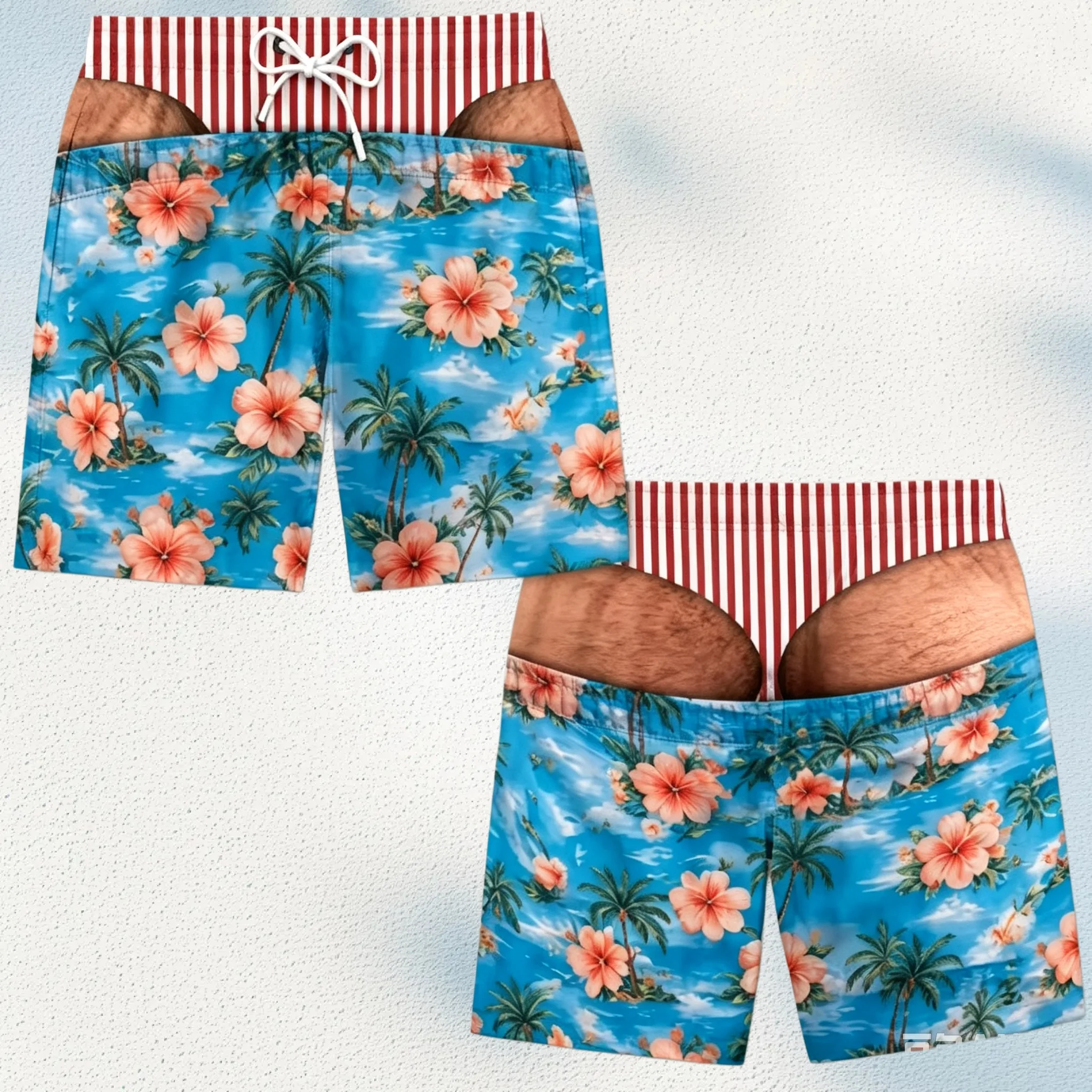 New Men Funny Fake Butt Beach Shorts, Tropical Island Print Drawstring Waist Prank Swim Trunks FamilyMatching