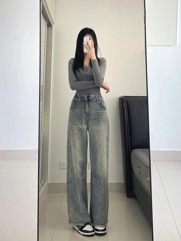 하이웨이스트 와이드 레그 청바지 여성용 드레이프 끝부분 빈티지 청바지 데님 팬츠 청바지 데님 팬츠 청바지