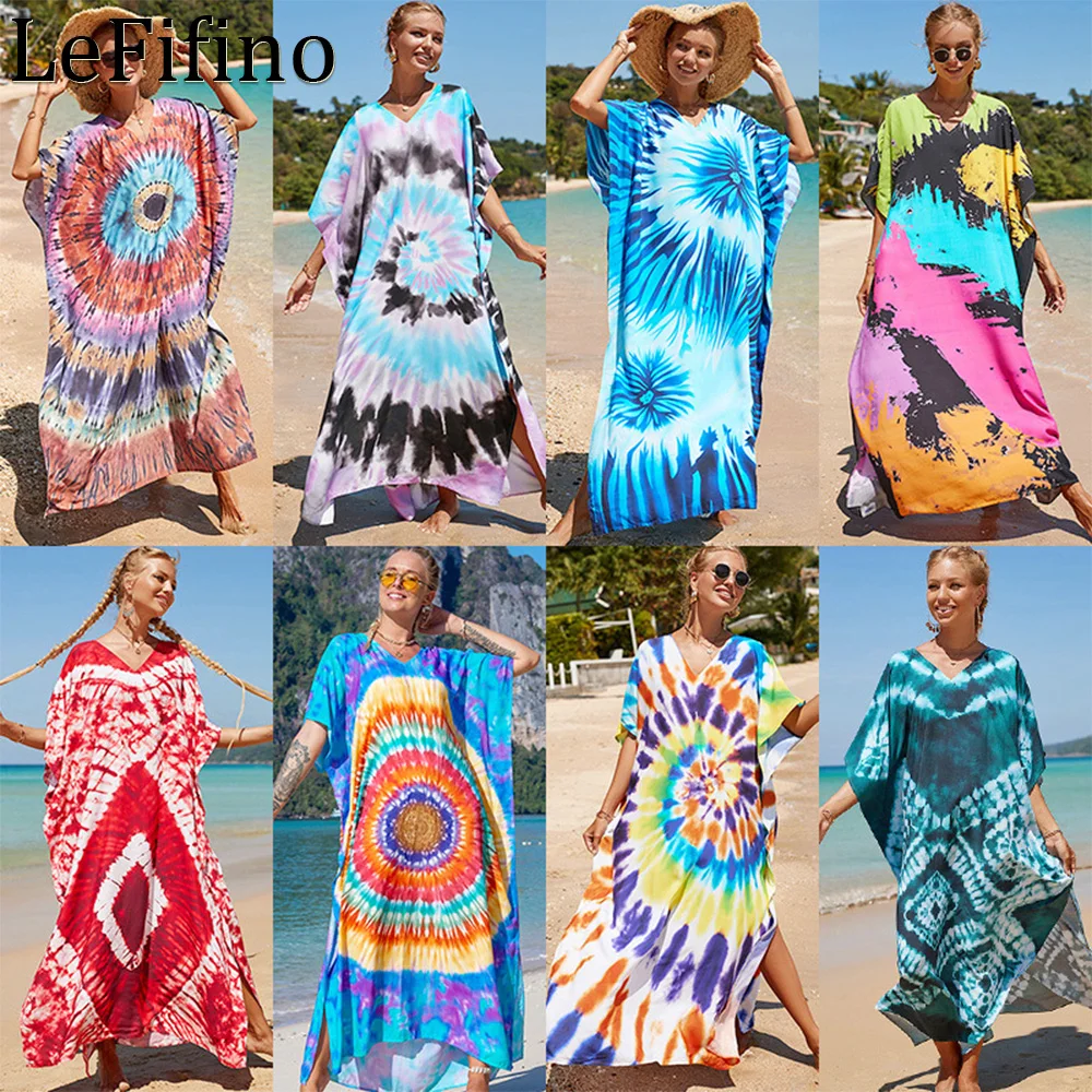 

Summer Fashion New Sexy Tie-dyed Cotton Printed V-neck Robe Vacation Loose Fit Large Beach Dress Bikini Swimwear Cover Up Female